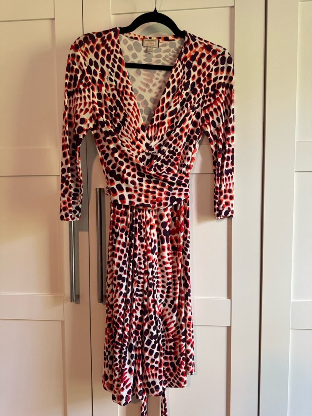 Banana Republic Red and Black Printed Long-Sleeve Wrap Dress
